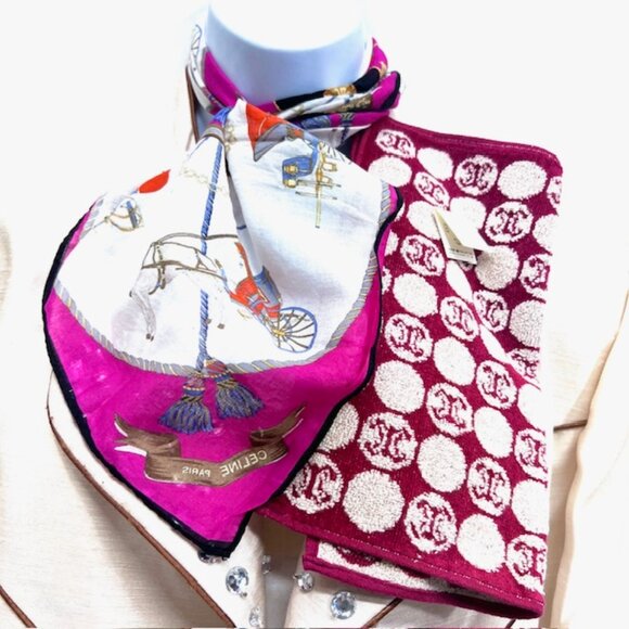 Set of 2 Celine Paris 1 Handkerchief 19" Cotton +1 Hand Towel 10" pink horse(67) - Picture 1 of 7